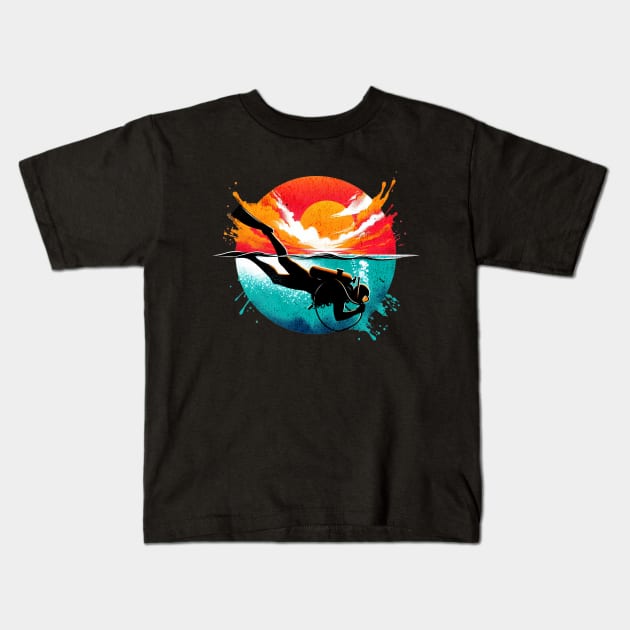 Scuba Diver Sunset Design Kids T-Shirt by Miami Neon Designs